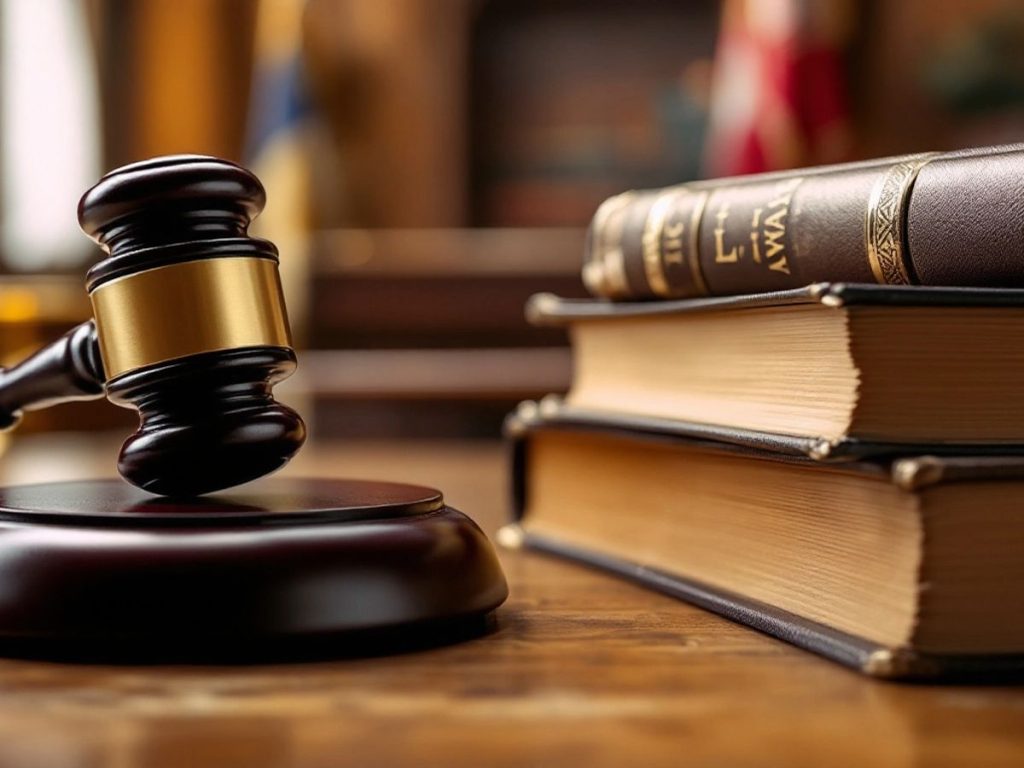 Interior de sala de judecată cu ciocan și cărți de lege.