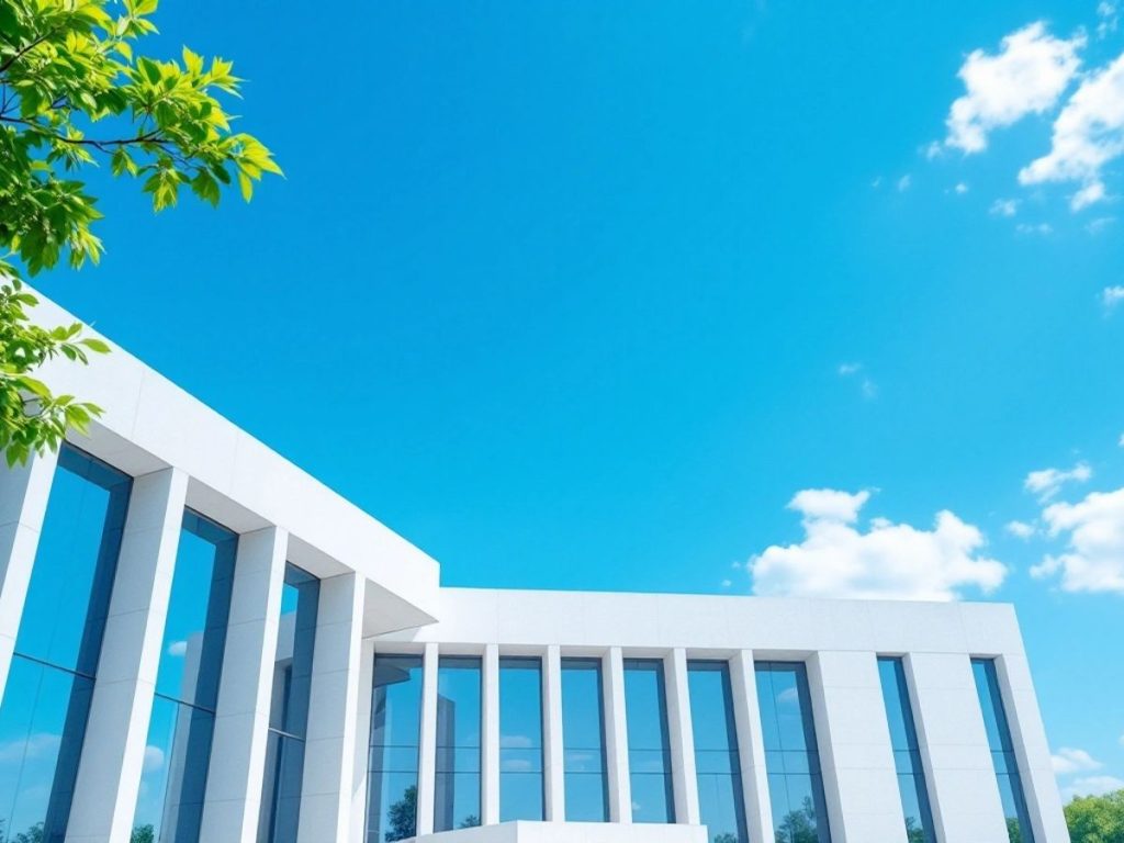 Clădire legislativă modernă sub un cer senin.