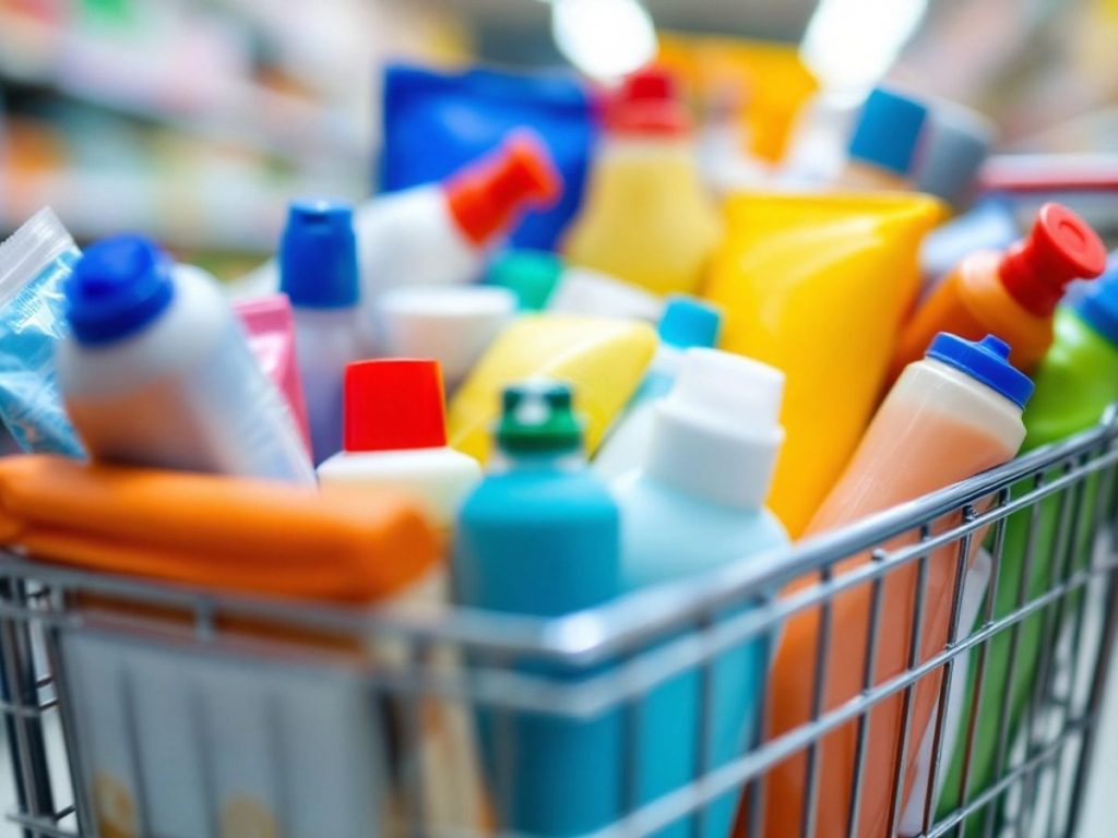 Cumpărături diverse într-un coș de supermarket.