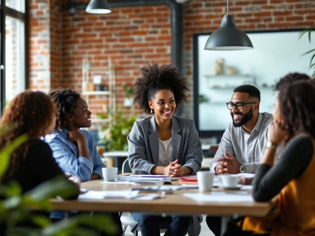 Angajați diversificați discutând într-un mediu de lucru.