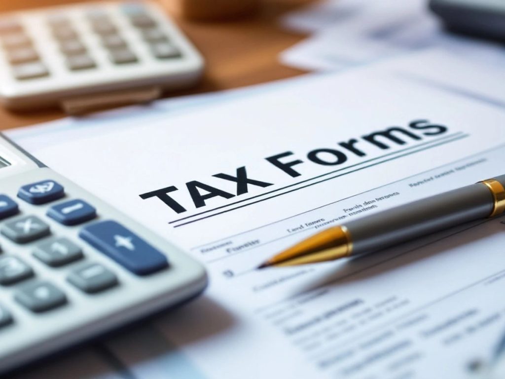 Calculator și formulare fiscale pe un birou din lemn.