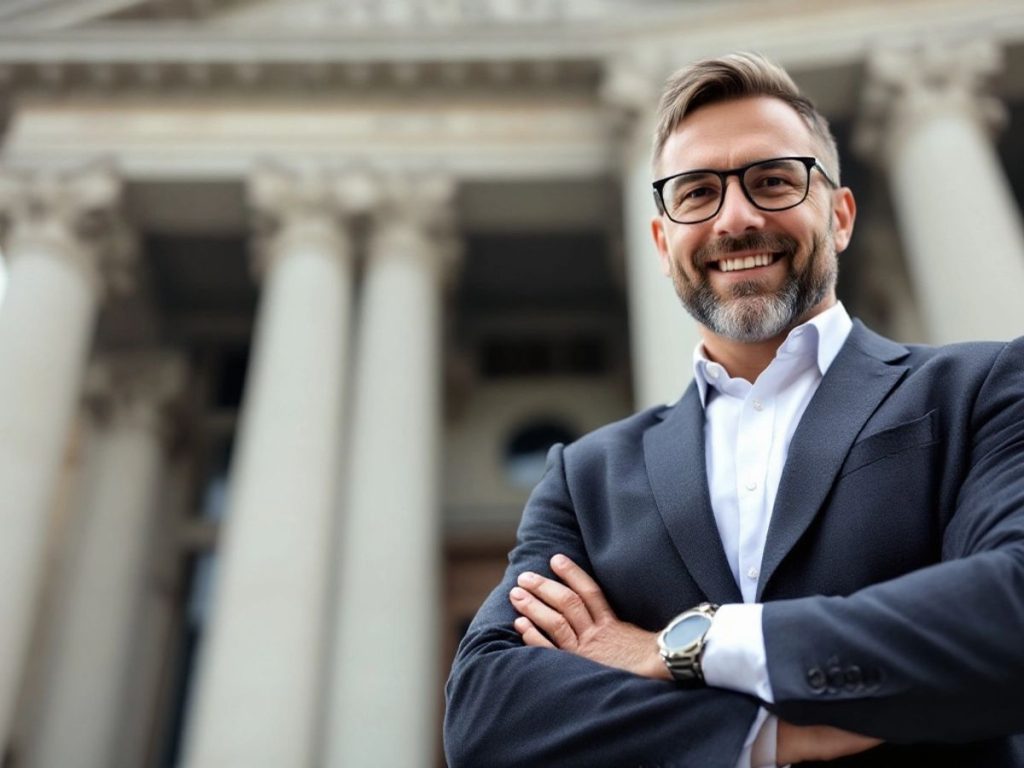 Un antreprenor în fața unei clădiri de judecată.