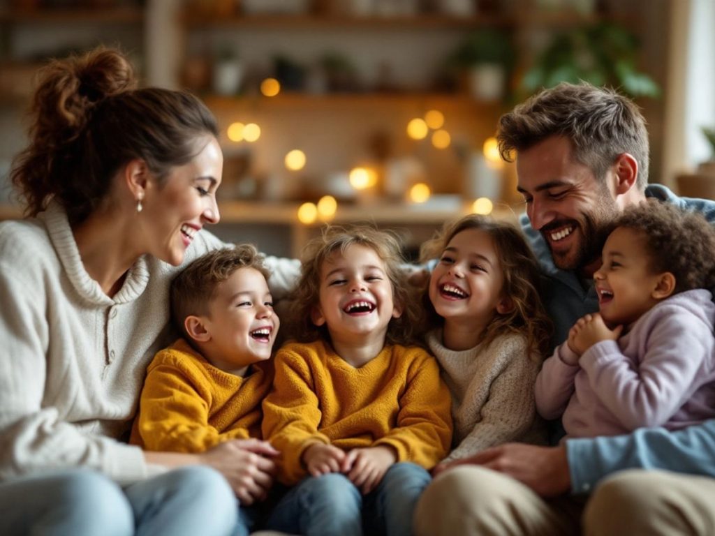 Familie fericită petrecând timp împreună acasă.
