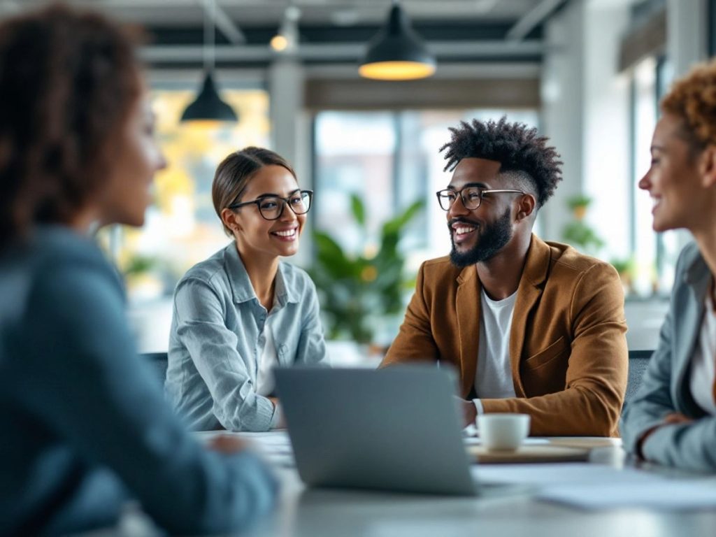Angajați colaborând într-un mediu de birou modern.