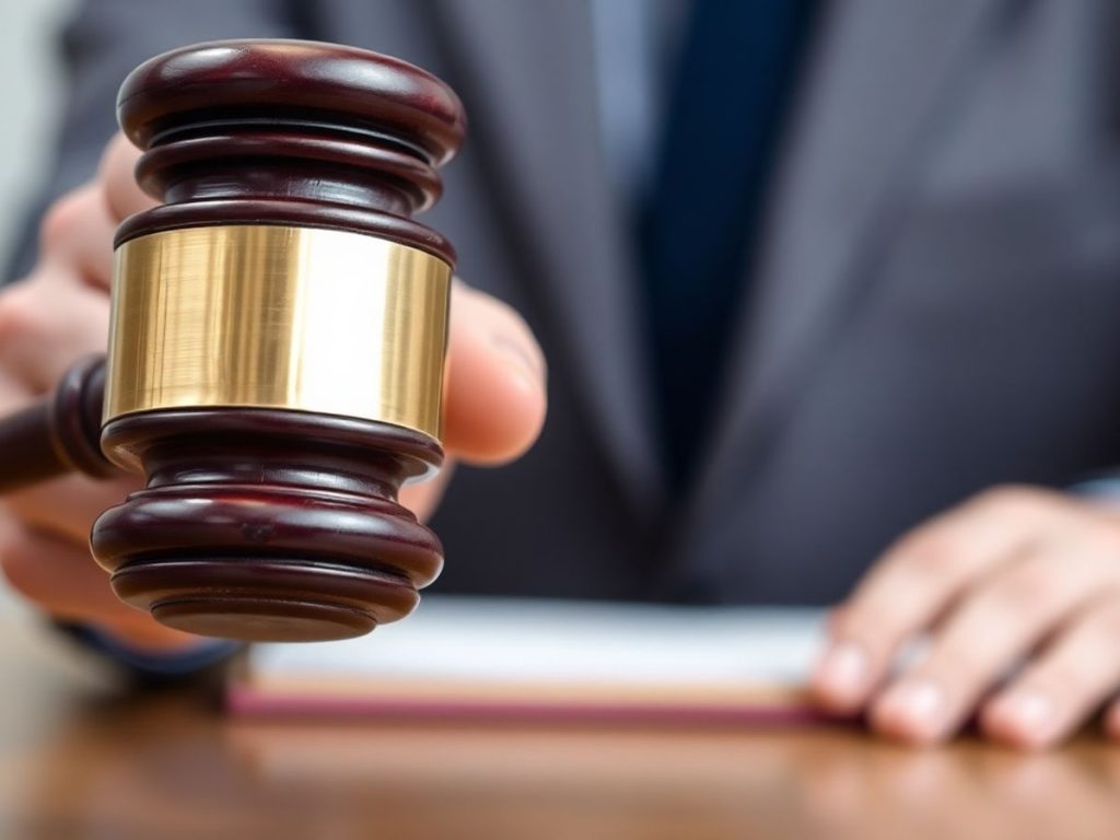 Persoană ținând un ciocan de judecător.