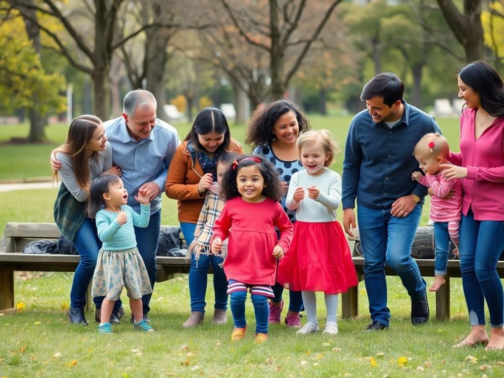 Părinți jucându-se cu copiii în parc.