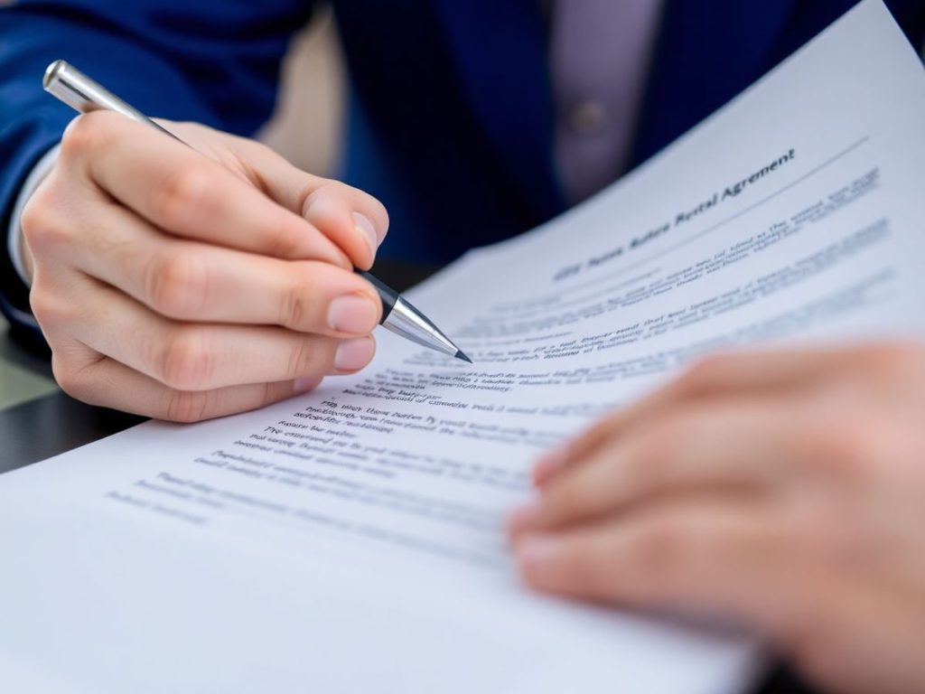 Persoană citind un contract de închiriere cu atenție.