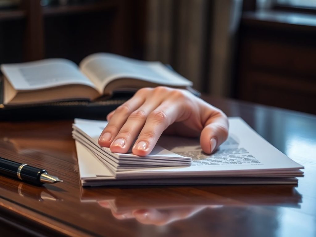 Mână protejând ferm documente legale pe birou.