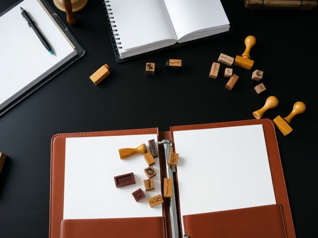 Un dosar deschis pe un birou, cu ștampile