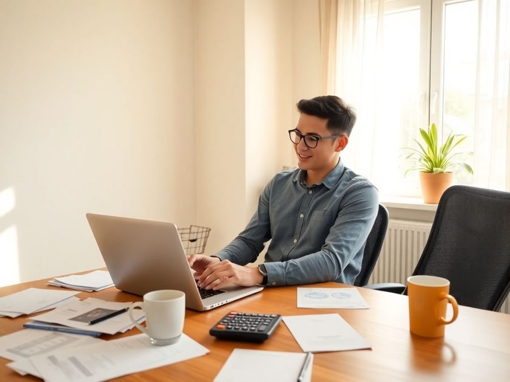 Persoană la birou cu laptop, calculator, plantă și lumină naturală