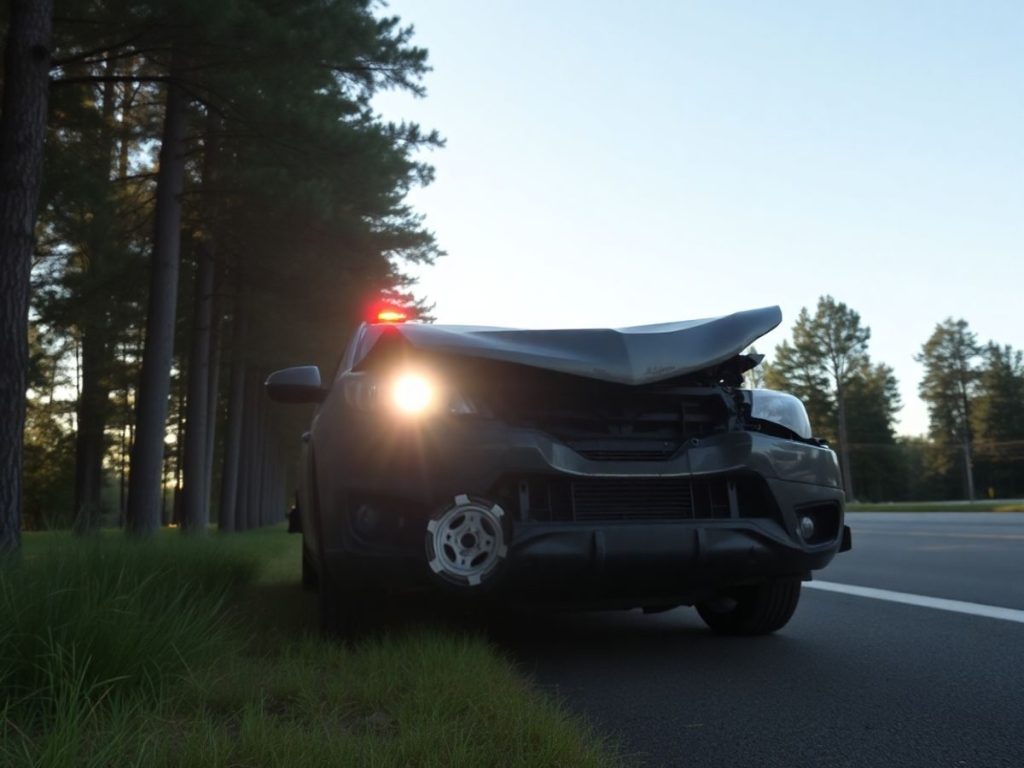 Mașină avariată pe drum. Avertizare lumini pornite.