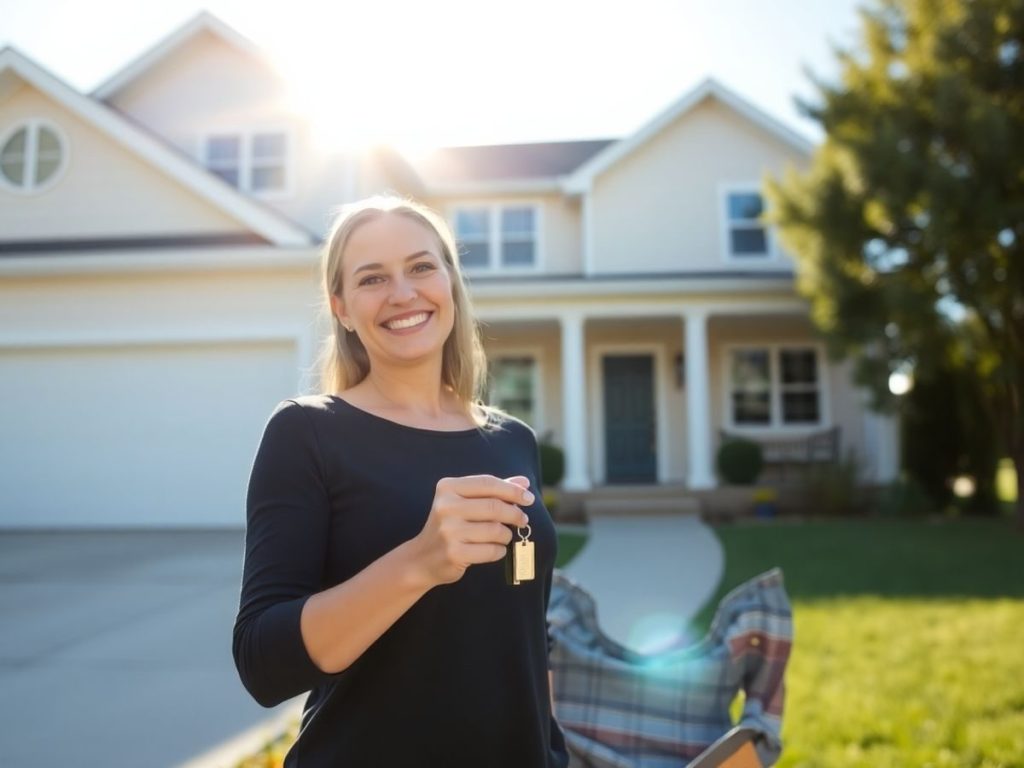 Proprietar fericit în fața casei sale.