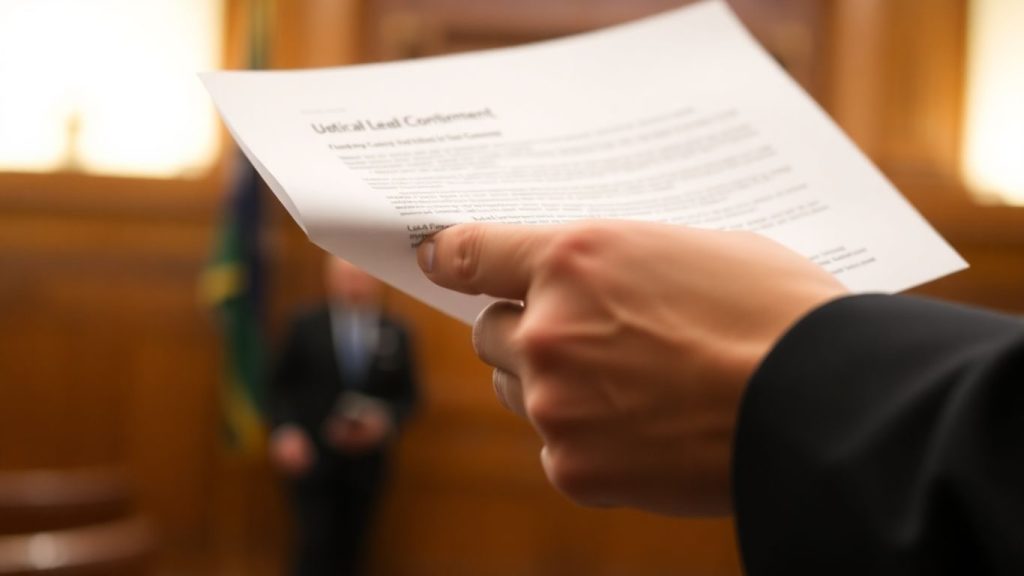 Mâna cu document legal în fața clădirii.