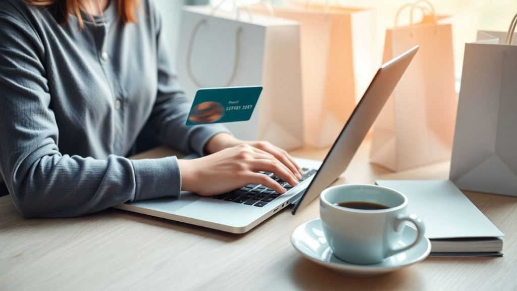 Persoană cumpărând online cu card și laptop pe masă