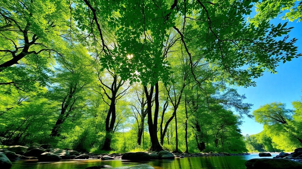 Pădure verde sub cerul albastru, cu un pârâu curgând.